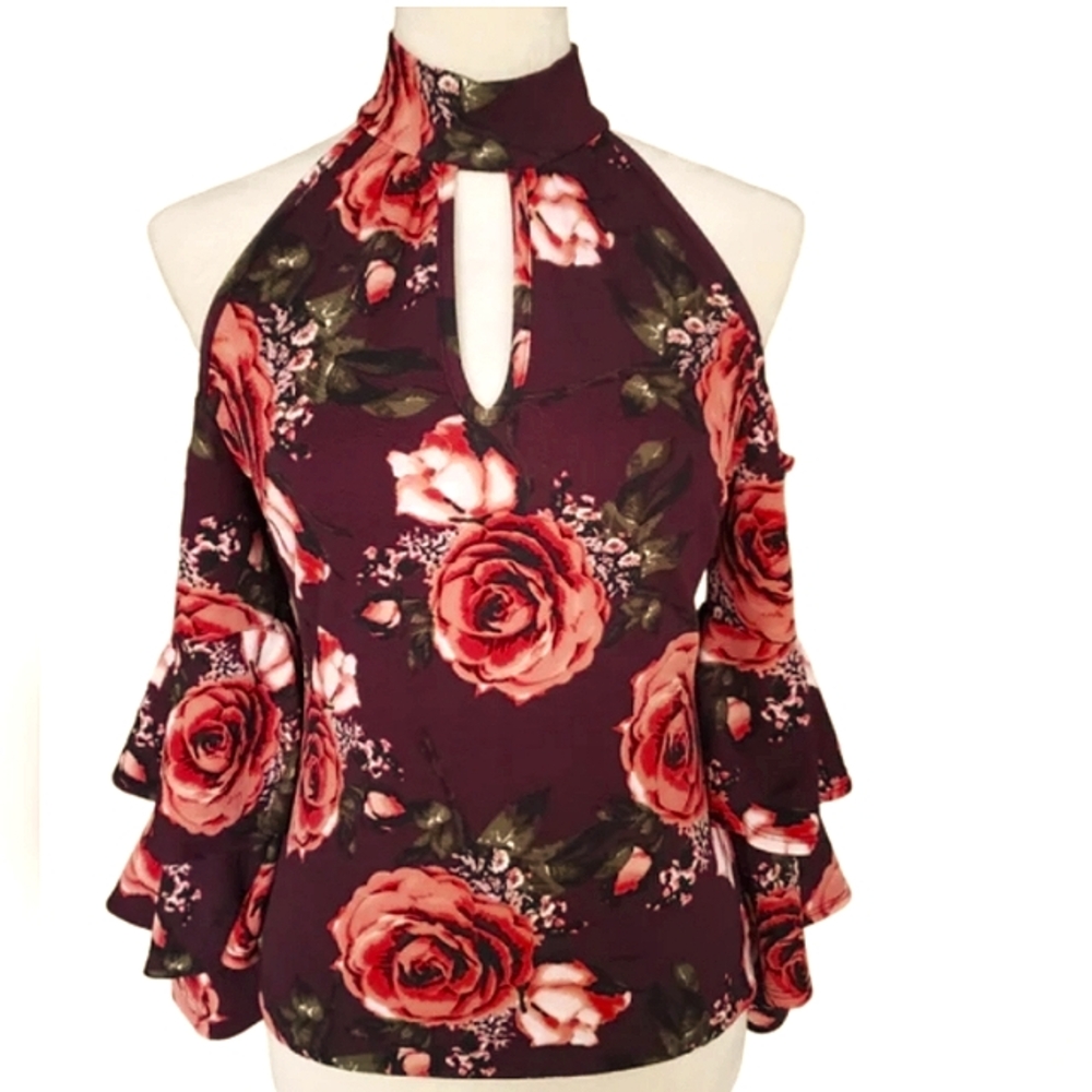VENUS 3X Mock Neck, Cold Shoulder, Ruffle Sleeve Deep Wine Top